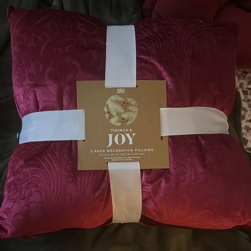 Red Holiday Pillows with Joy Tag